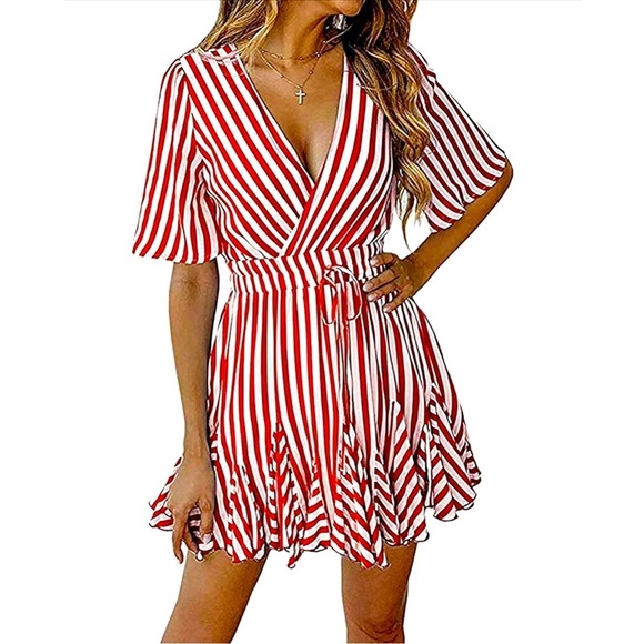 MINI DRESS: Yellow & White V Neck Striped Mini Dress w/Wrap & Ruffle Hem, NWOT - Picture 12 of 16